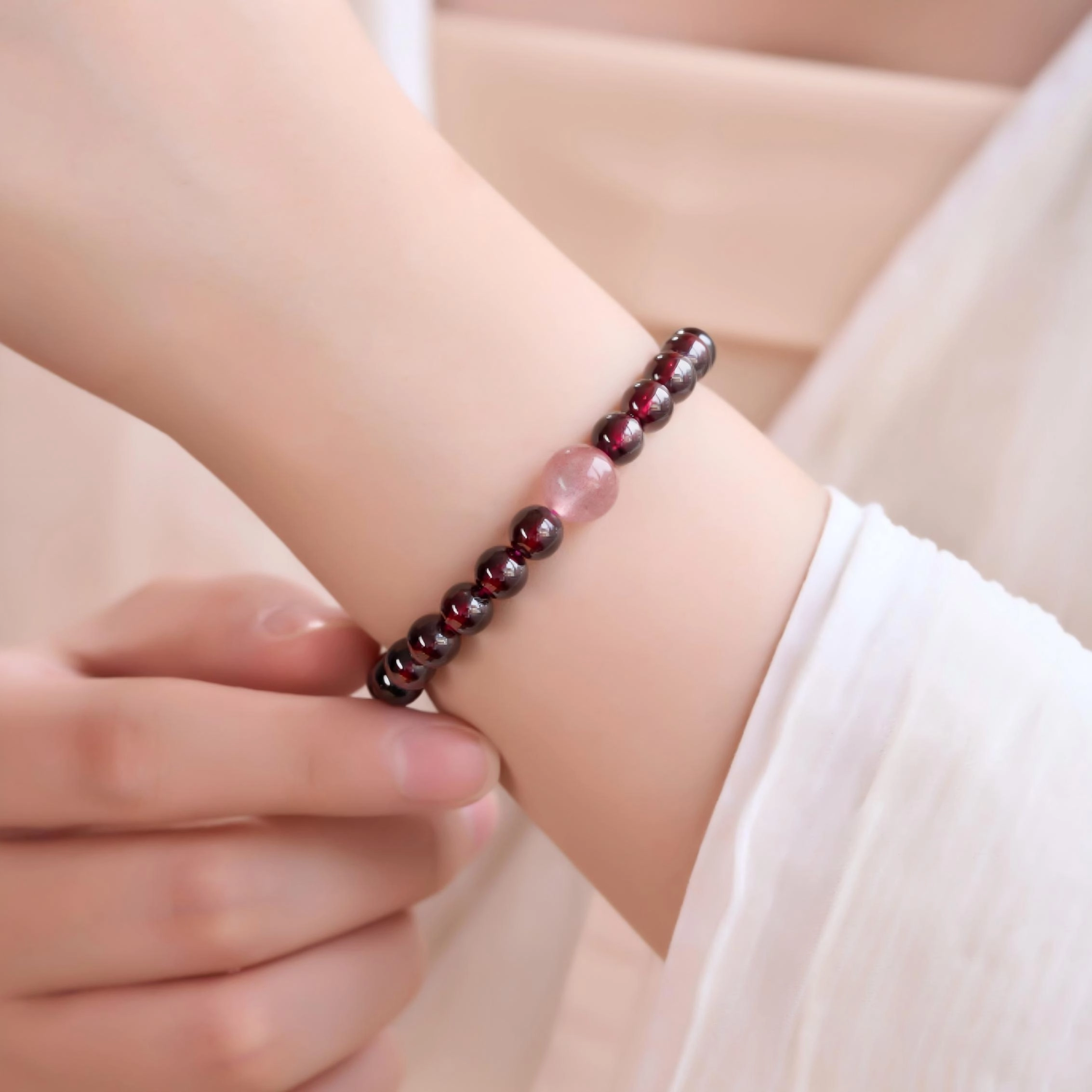 7A Garnet Bracelet (4) Grade 7A Garnet Bracelet Paired with 6mm Rose Quartz - Image 2