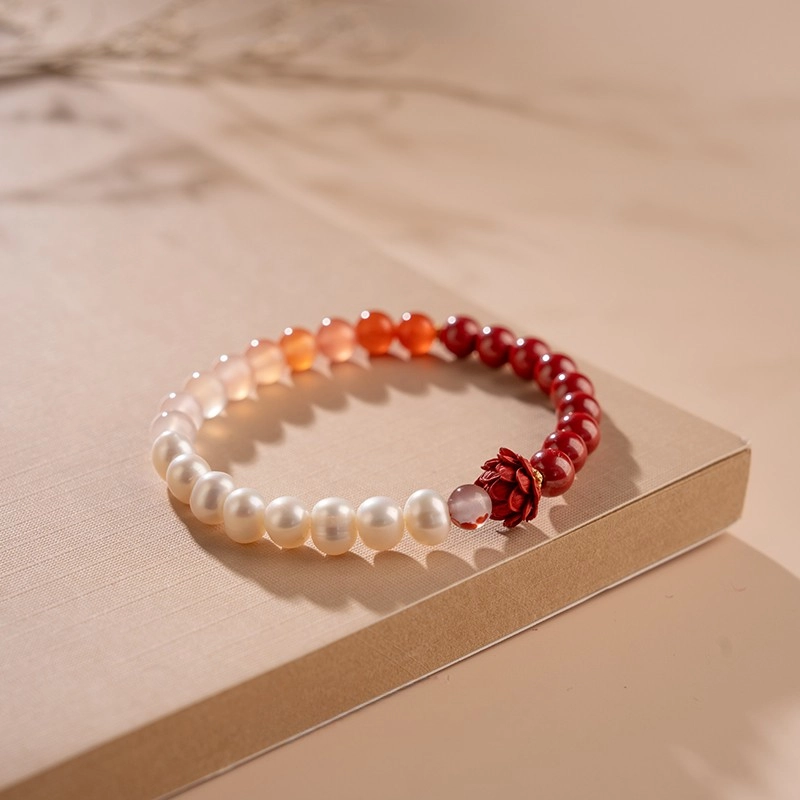 A926-1-1.jpg Agate & Pearl Bracelet With Cinnabar Red Lotu - Image 1