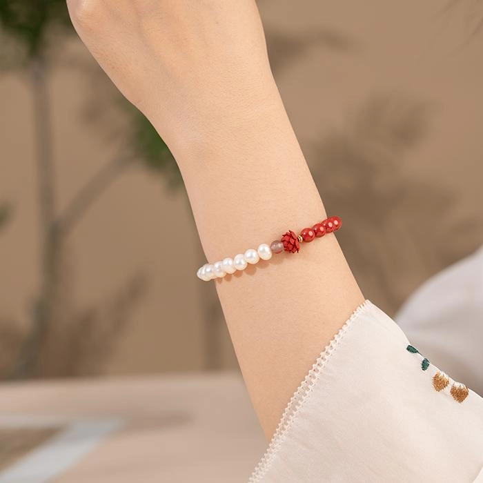 A926-10.jpg Agate & Pearl Bracelet With Cinnabar Red Lotu - Image 6
