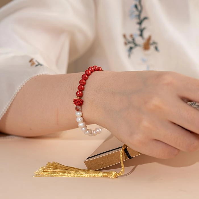 A926-14.jpg Agate & Pearl Bracelet With Cinnabar Red Lotu - Image 7
