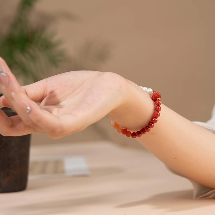 A926-17.jpg Agate & Pearl Bracelet With Cinnabar Red Lotu - Image 4