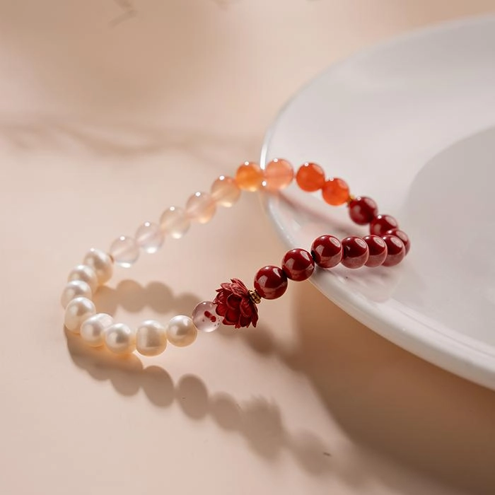 A926-8.jpg Agate & Pearl Bracelet With Cinnabar Red Lotu - Image 11