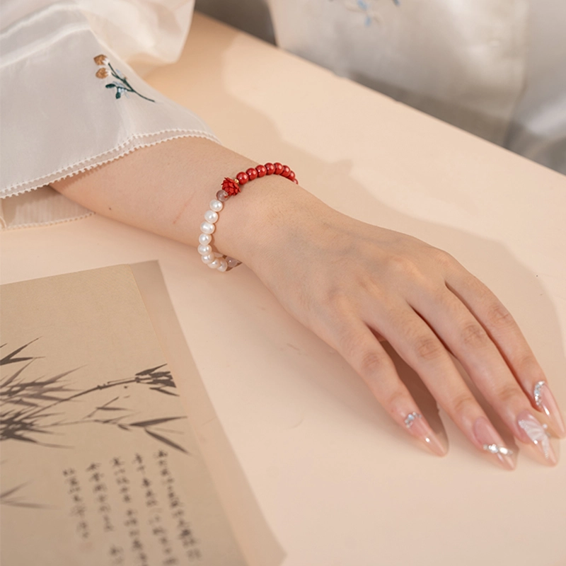 A926-9.png Agate & Pearl Bracelet With Cinnabar Red Lotu - Image 5