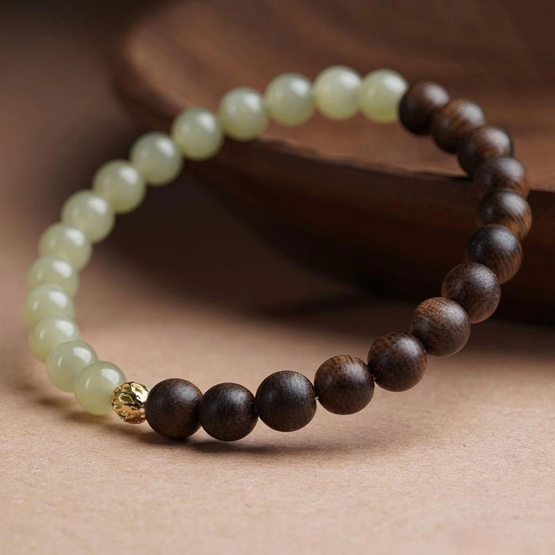 Agarwood Bracelet With Natural Hetian Jade (1) Agarwood Bracelet With Natural Hetian Jade - Image 4
