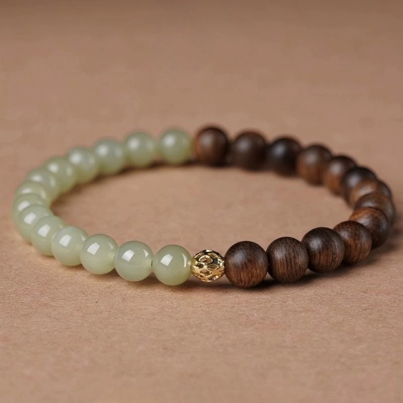 Agarwood Bracelet With Natural Hetian Jade (2) Agarwood Bracelet With Natural Hetian Jade - Image 1