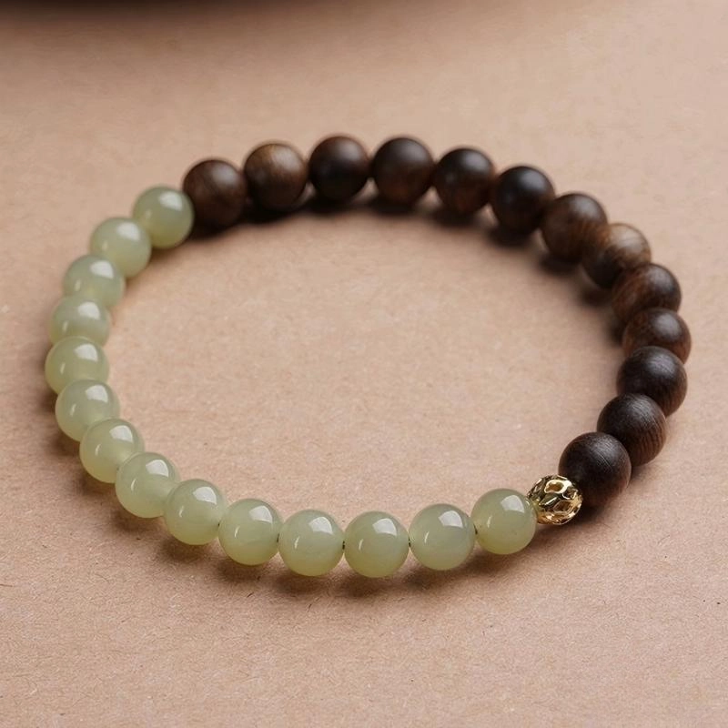 Agarwood Bracelet With Natural Hetian Jade (4) Agarwood Bracelet With Natural Hetian Jade - Image 5