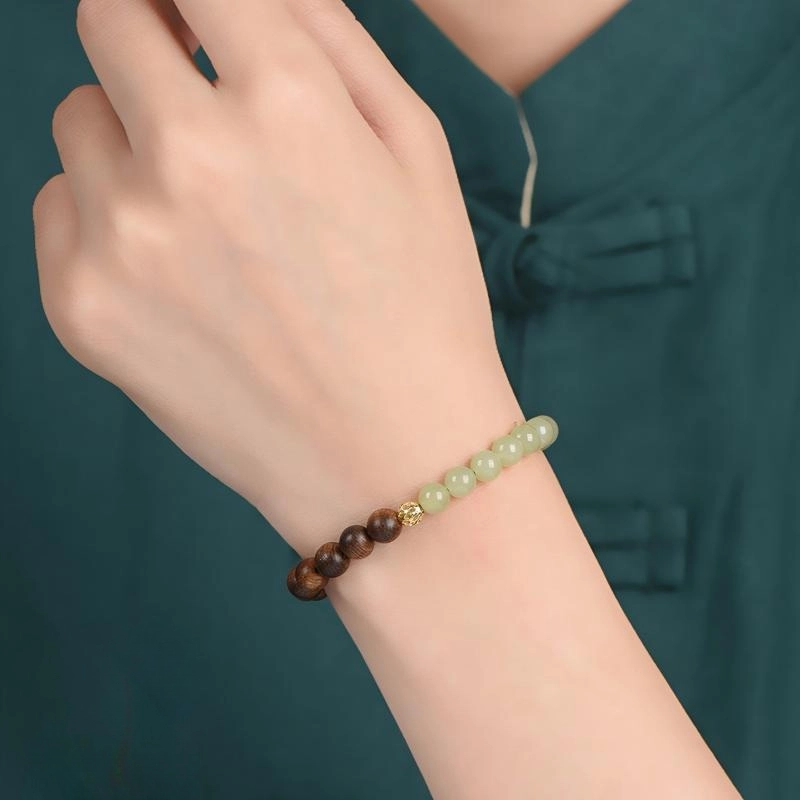Agarwood Bracelet With Natural Hetian Jade (5) Agarwood Bracelet With Natural Hetian Jade - Image 2