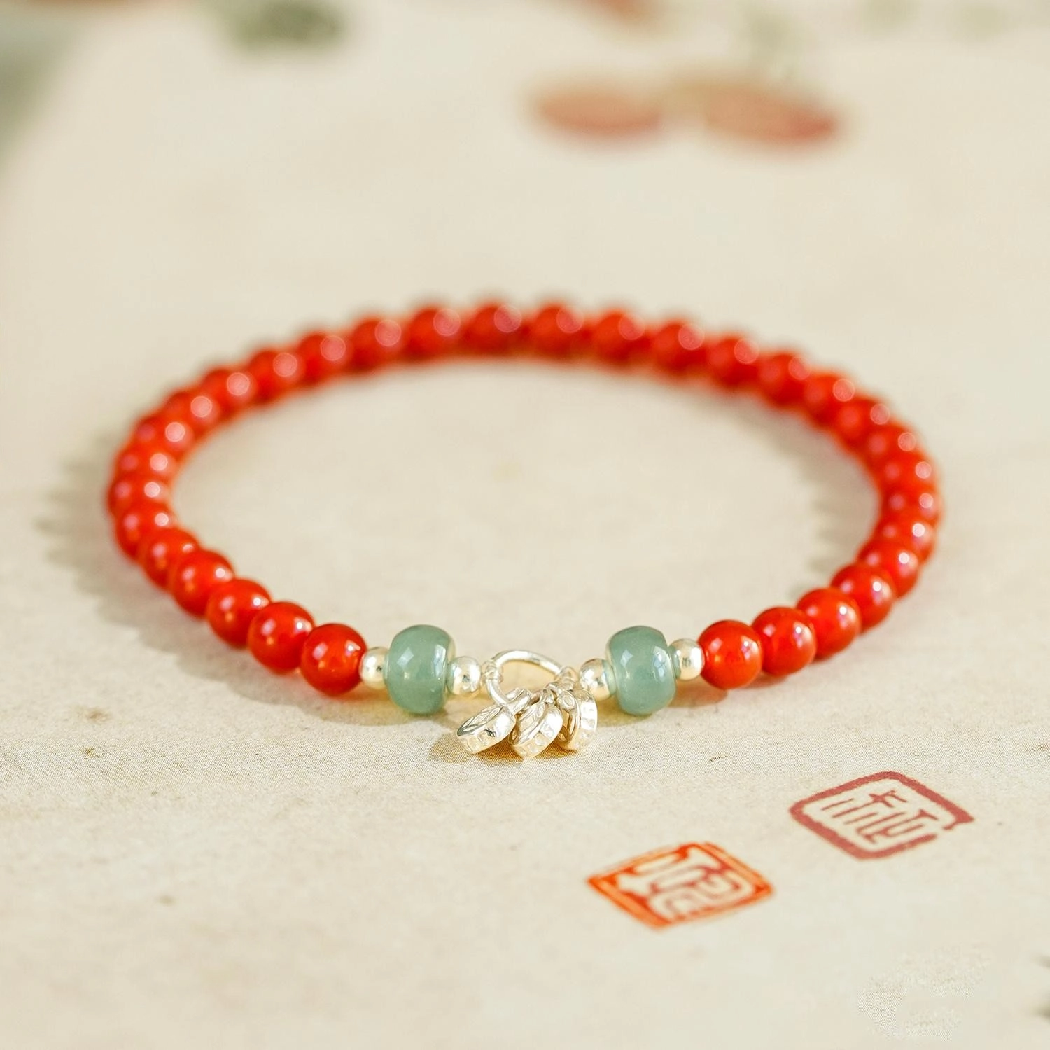 Agate Bracelet with Jade (1) Natural Red Agate Bracelet with Jade Accents - Image 1