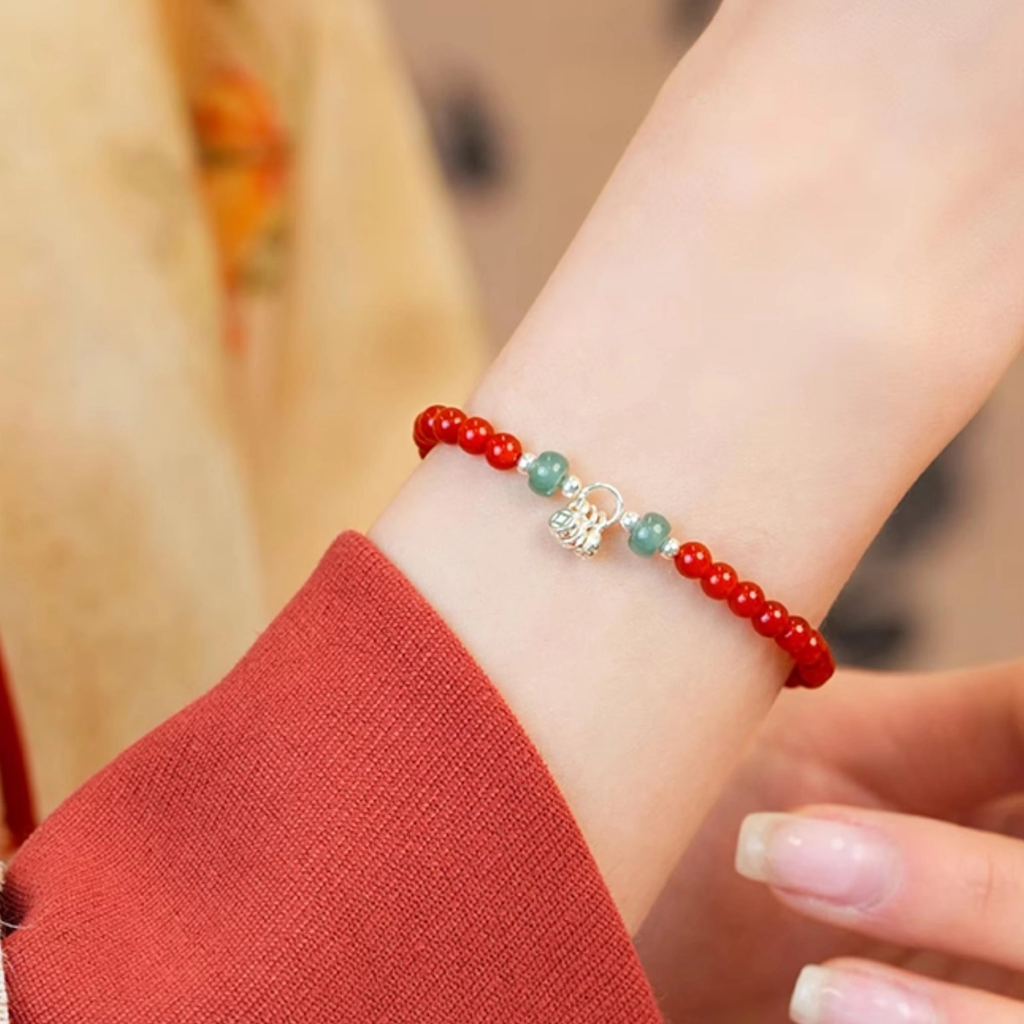 Agate Bracelet with Jade (2) Natural Red Agate Bracelet with Jade Accents - Image 3