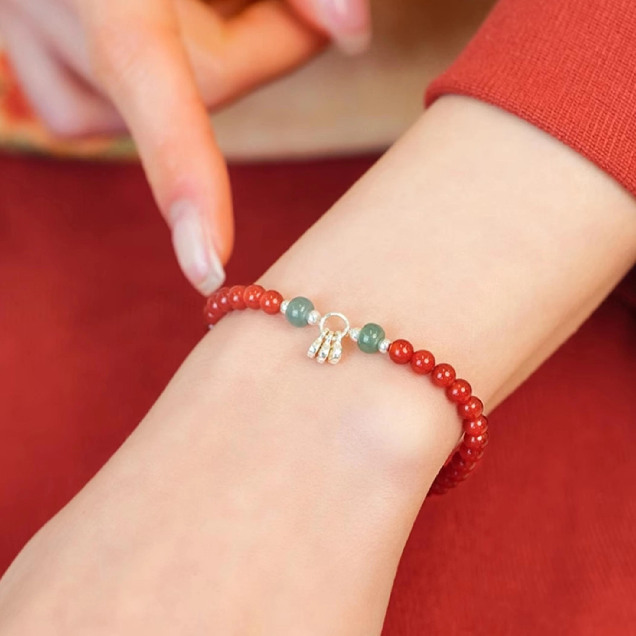 Agate Bracelet with Jade (4) Natural Red Agate Bracelet with Jade Accents - Image 2