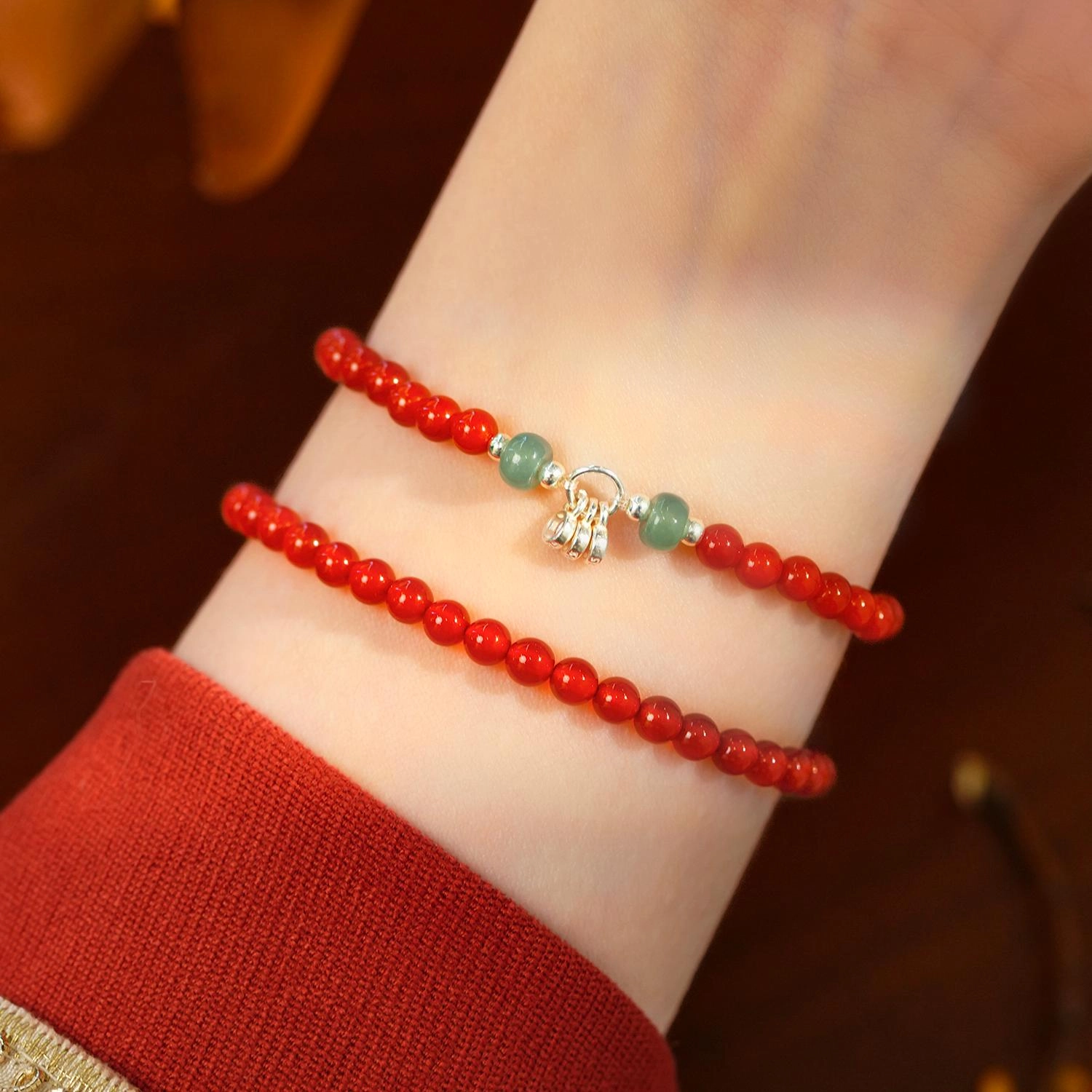 Agate Bracelet with Jade (6) Natural Red Agate Bracelet with Jade Accents - Image 4