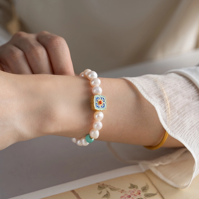 B27-1.png Turquoise & Pearl Bracelet With Enamel Decoration - Image 3