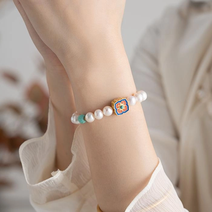 B27-4.jpg Turquoise & Pearl Bracelet With Enamel Decoration - Image 2