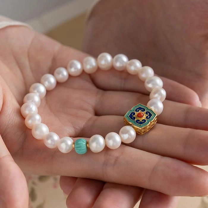 B27-6.jpg Turquoise & Pearl Bracelet With Enamel Decoration - Image 5