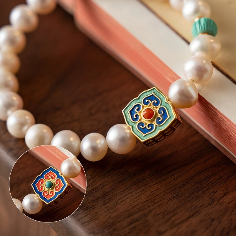 B27-9.jpg Turquoise & Pearl Bracelet With Enamel Decoration - Image 7