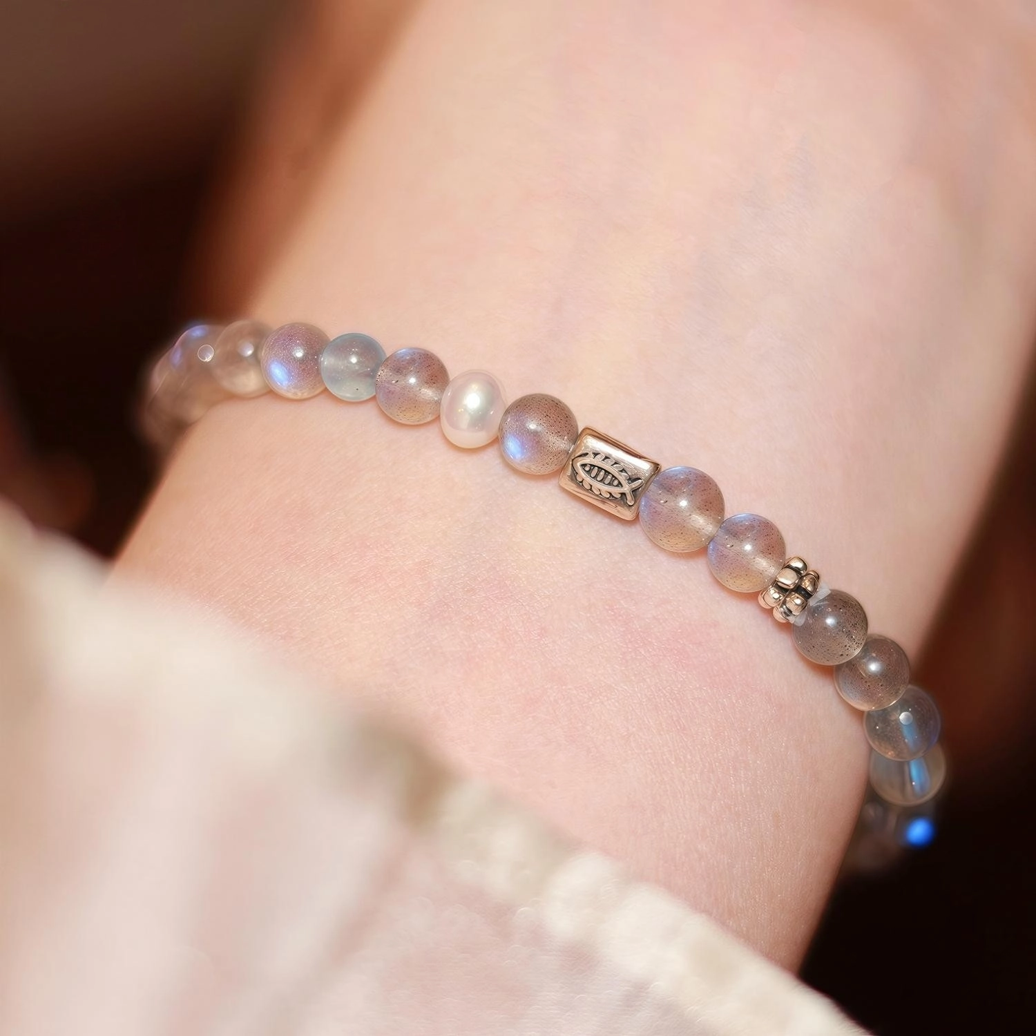 Natural Moonstone Bracelet (1) Natural Moonstone Bracelet with Aquamarine - Image 4