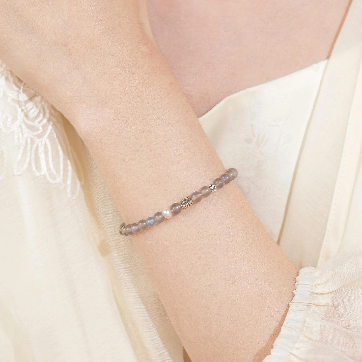 Natural Moonstone Bracelet (2) Natural Moonstone Bracelet with Aquamarine - Image 5