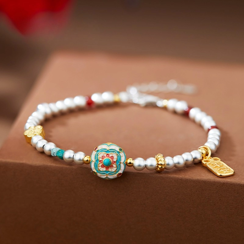 S03-3.jpg Enameled Agate & Turquoise Silver Bracelet - Image 1