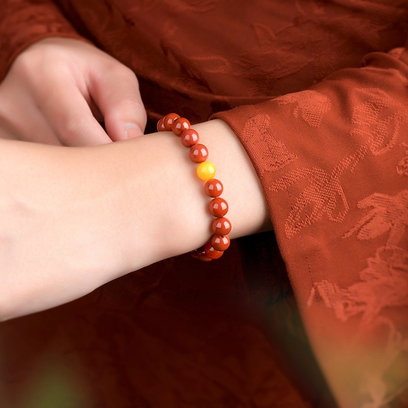 South Red Agate (1) 6mm South Red Agate Bracelet with Amber - Image 2