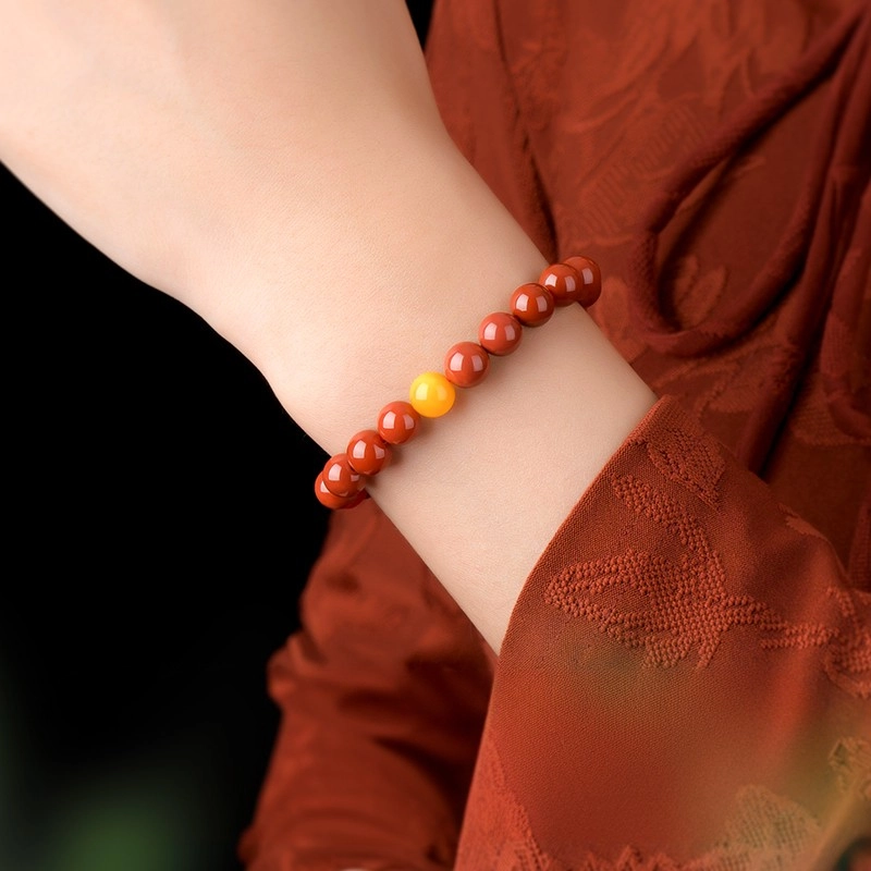 South Red Agate (2) 6mm South Red Agate Bracelet with Amber - Image 3