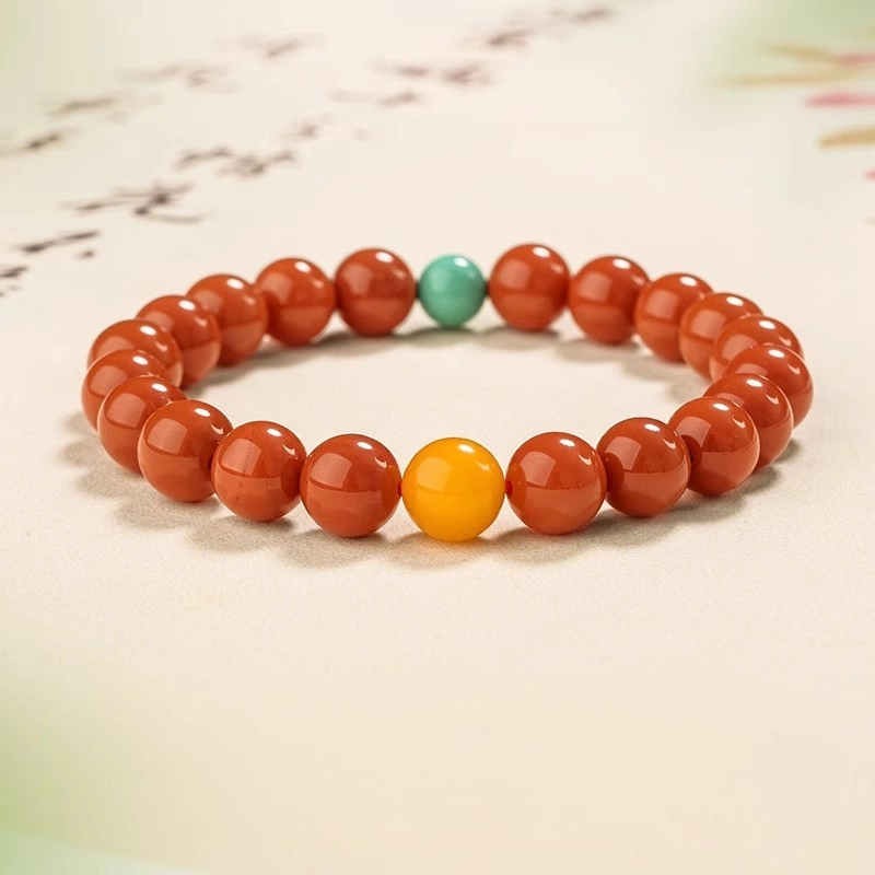 South Red Agate (3) 6mm South Red Agate Bracelet with Amber - Image 1