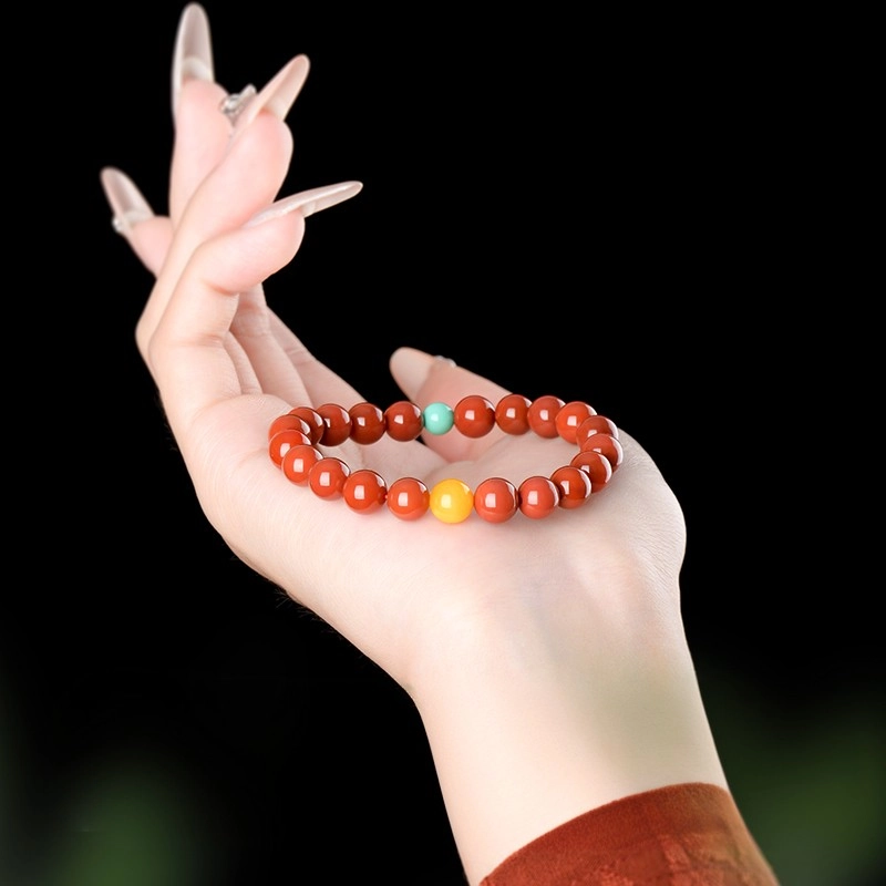 South Red Agate (4) 6mm South Red Agate Bracelet with Amber - Image 4