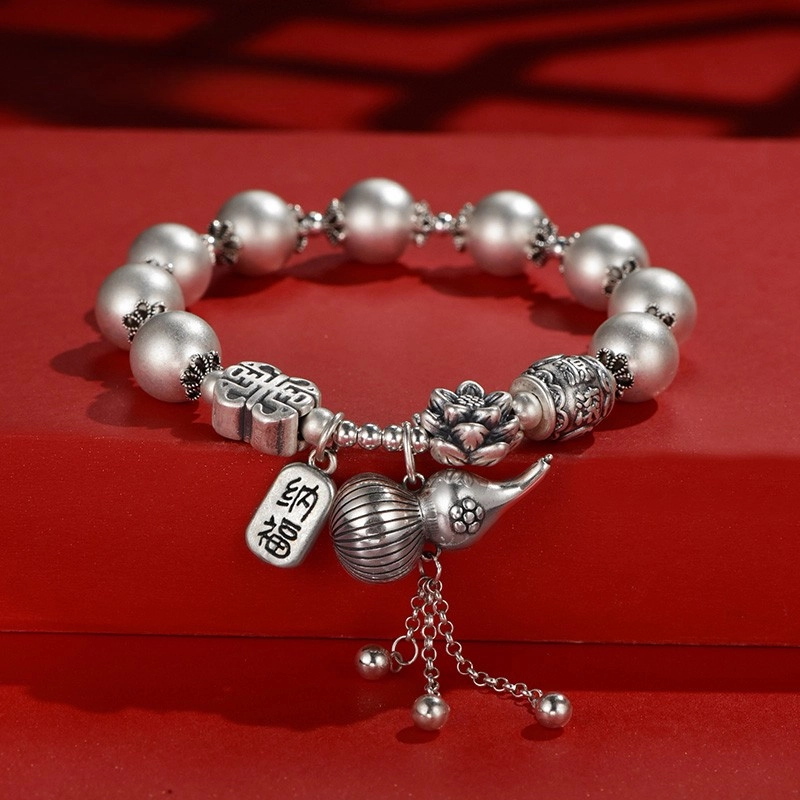 lotus Silver bracelet (4) Silver bracelet with lotus and gourd motifs - Image 1