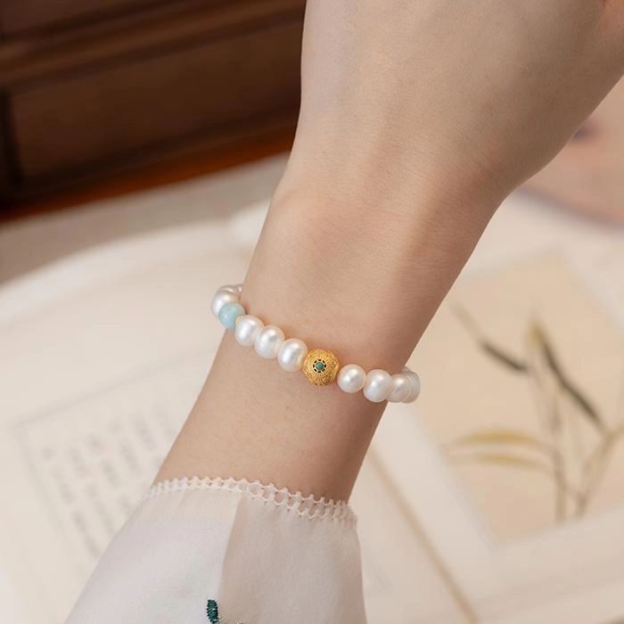 s926-2.jpg Natural Pearl Bracelet with Sea-Patterned Stone - Image 3
