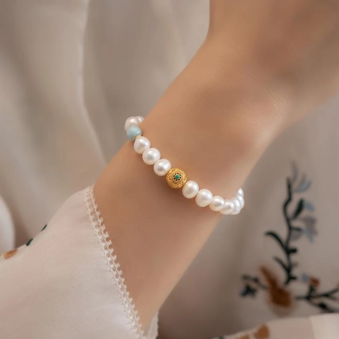 s926-4.jpg Natural Pearl Bracelet with Sea-Patterned Stone - Image 7