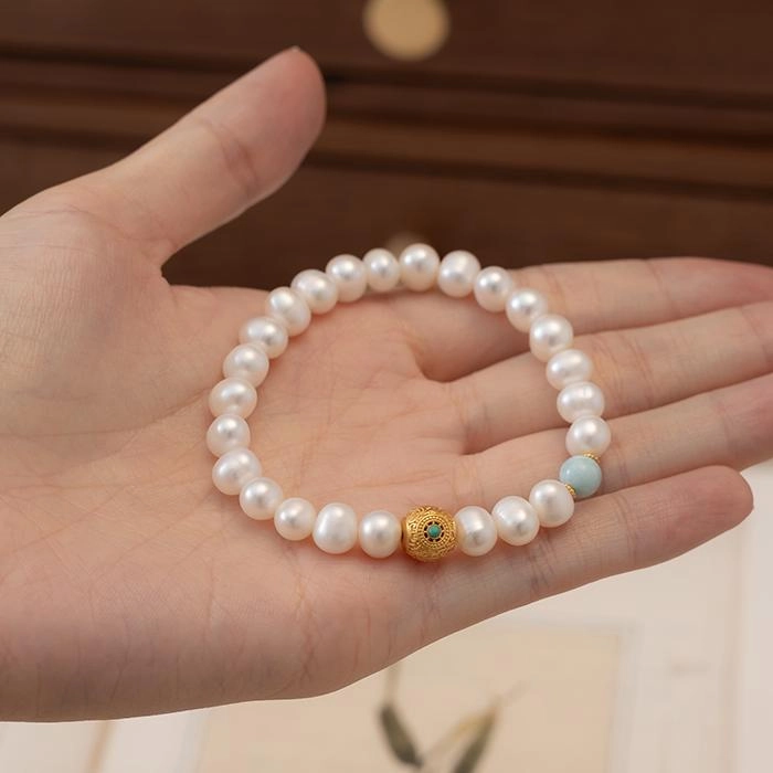 s926-7.jpg Natural Pearl Bracelet with Sea-Patterned Stone - Image 8